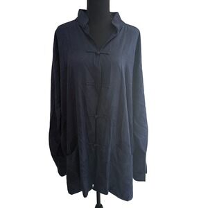 Shanghai Tang 100% Silk Mandarin Collar Navy Blue Button Down Shirt Top XXL